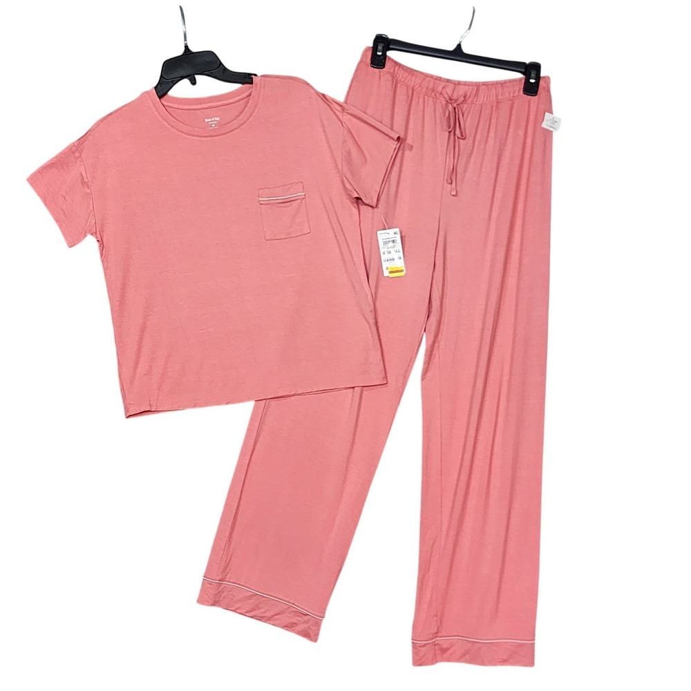 State of Day Soft Knit Pajama Set‎ Cozy Sea Coral Short Sleeve Wide Leg Large - Picture 2 of 4